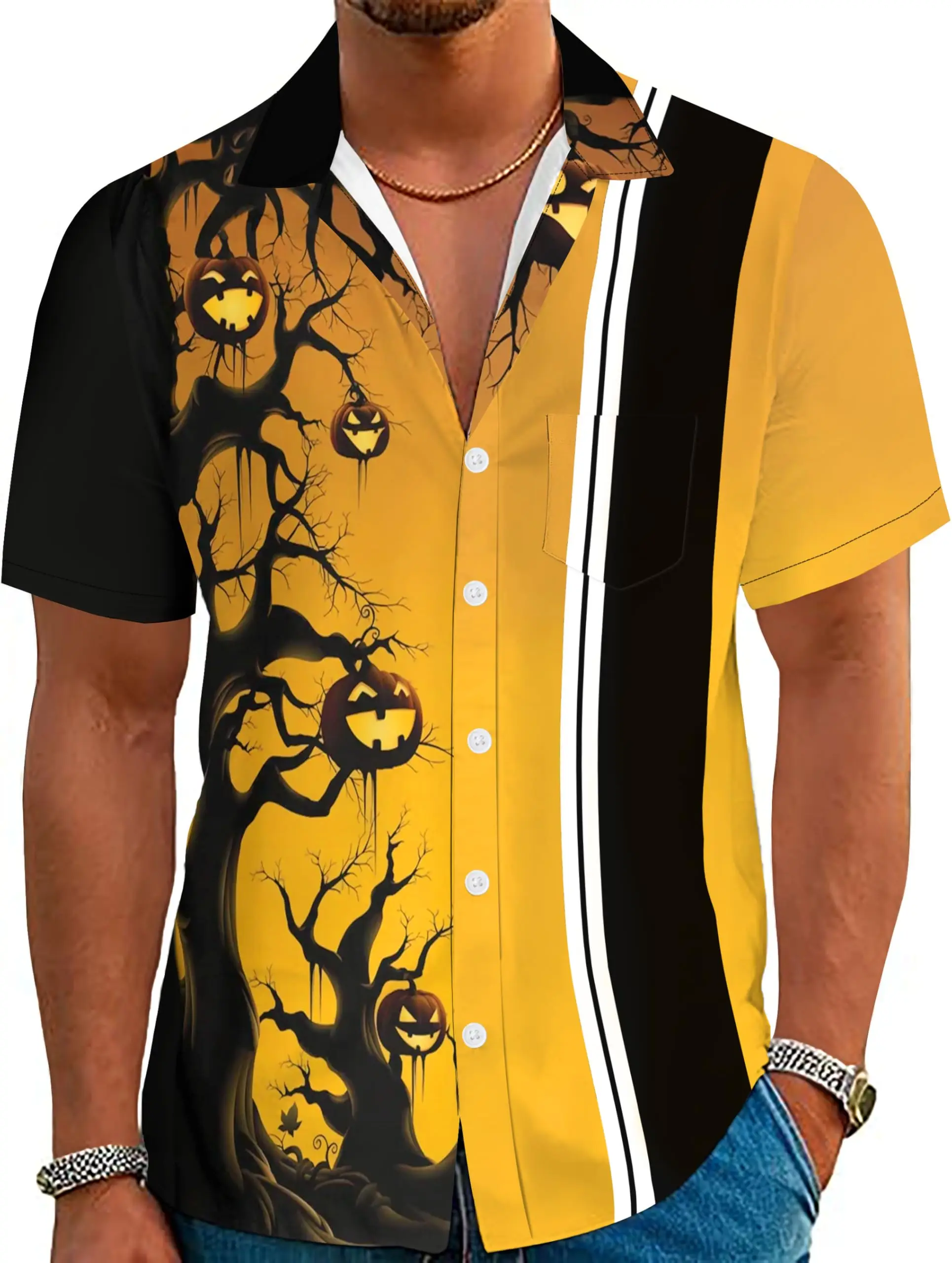 Men's Halloween Button up Shirt Evil Pumpkin Skull 3D Printing Novel Funny Holiday Party Men's Casual Street Short Sleeve Shirt