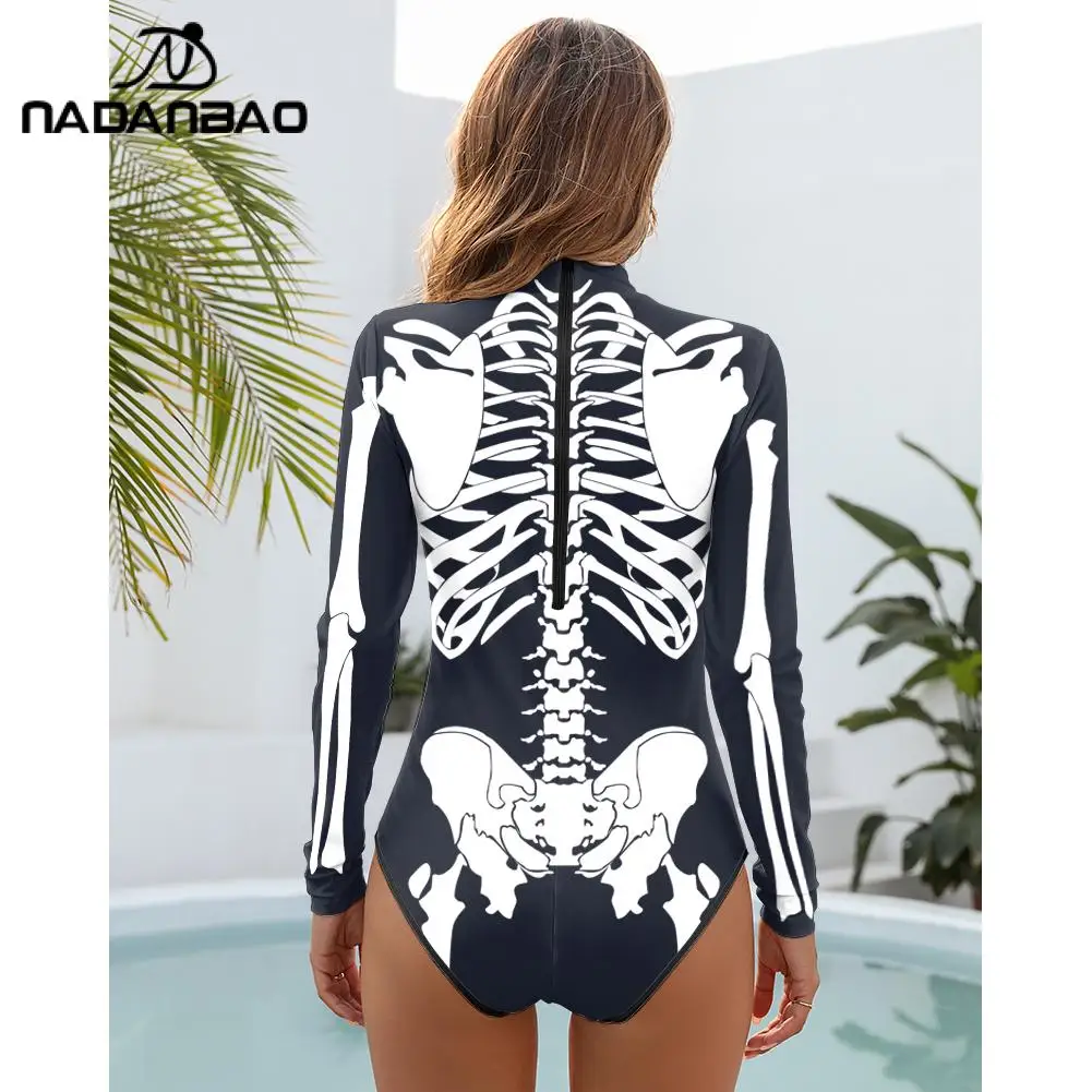 NADANBAO Halloween Women Skeleton print One Piece Bodysuits Swimwear Beach PartBathing Suit Summer Female Long Sleeve Swimsuits