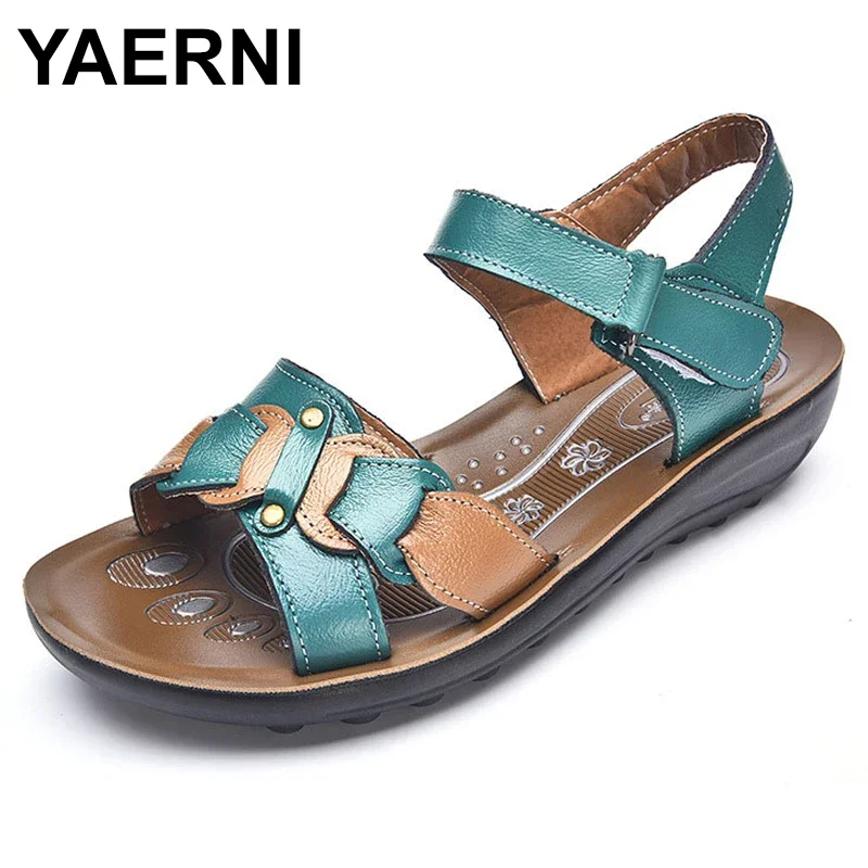 YAERNI Designer Genuine Leather Sandals Women Flat Sandals Platform Summer Shoes Ladies Beach Shoes Chaussures Femme Ete