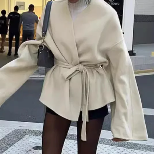 Elegant V-neck Long Sleeve Jacket Fashion Solid Color Lace-up Wool Jacket Belt Women 2025 Autumn Winter Sheepskin coat for women