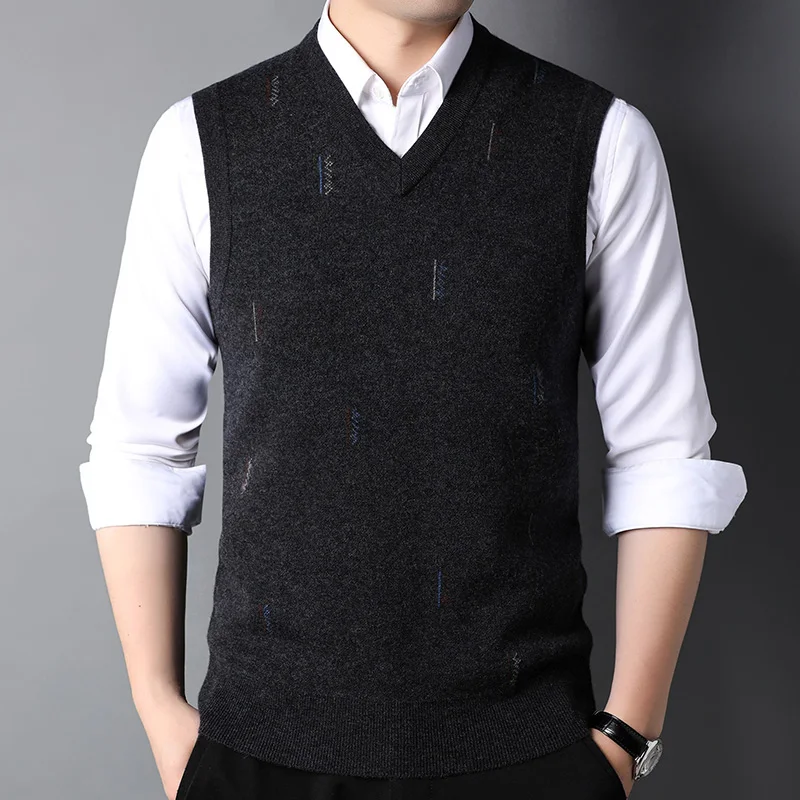 Man 100% Wool V-neck Collar Solid Vest Sleeveless Basic Knitwear Sweater Vest Korean Style New Casual Pullovers Vests