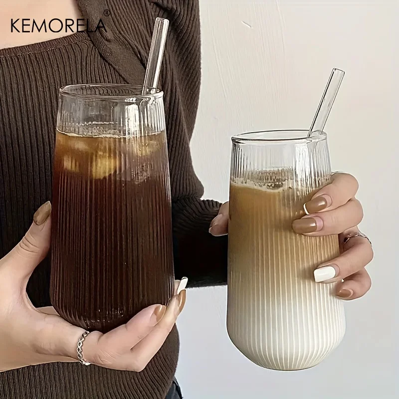 KEMORELA 4/6PCS Heat-Resistant Vertical Stripes Clear Coffee Glass Water Cup Milk Beer Juice Tea Cup Drinking Cup Kitchen Party