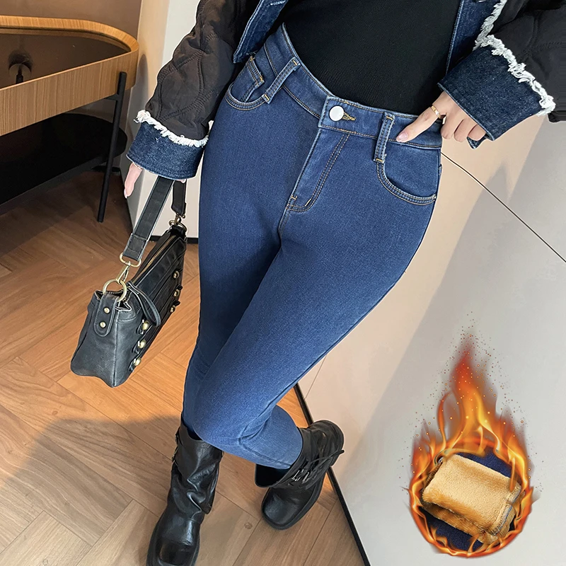 Women Winter Fleece Skinny Jeans Vintage Washed Slim Pencil Denim Pants Warm Soft Comfortable Versatile Daily Casual Trousers