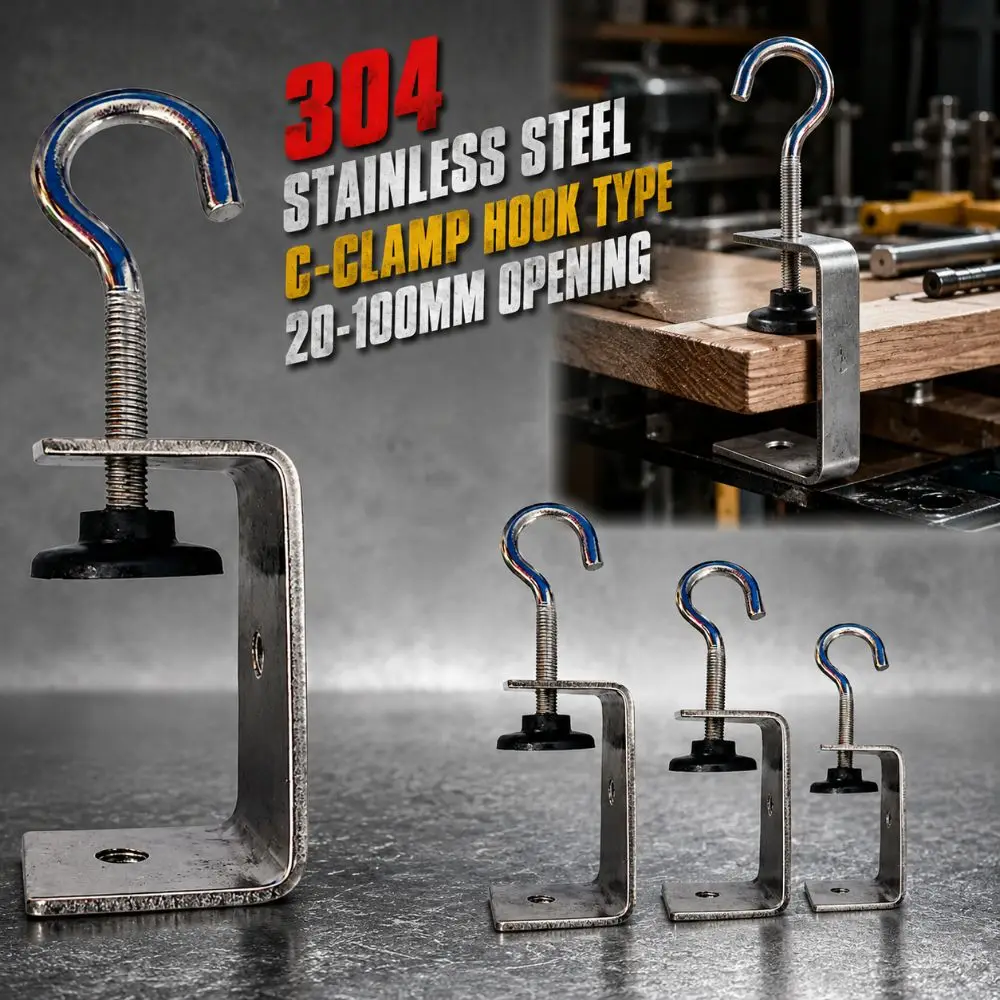 304 Stainless Steel C-clamp Adjustable Hook Type Square Clamp 20-100mm Opening Sturdy Fixed Holder Clip Hardware Fasteners