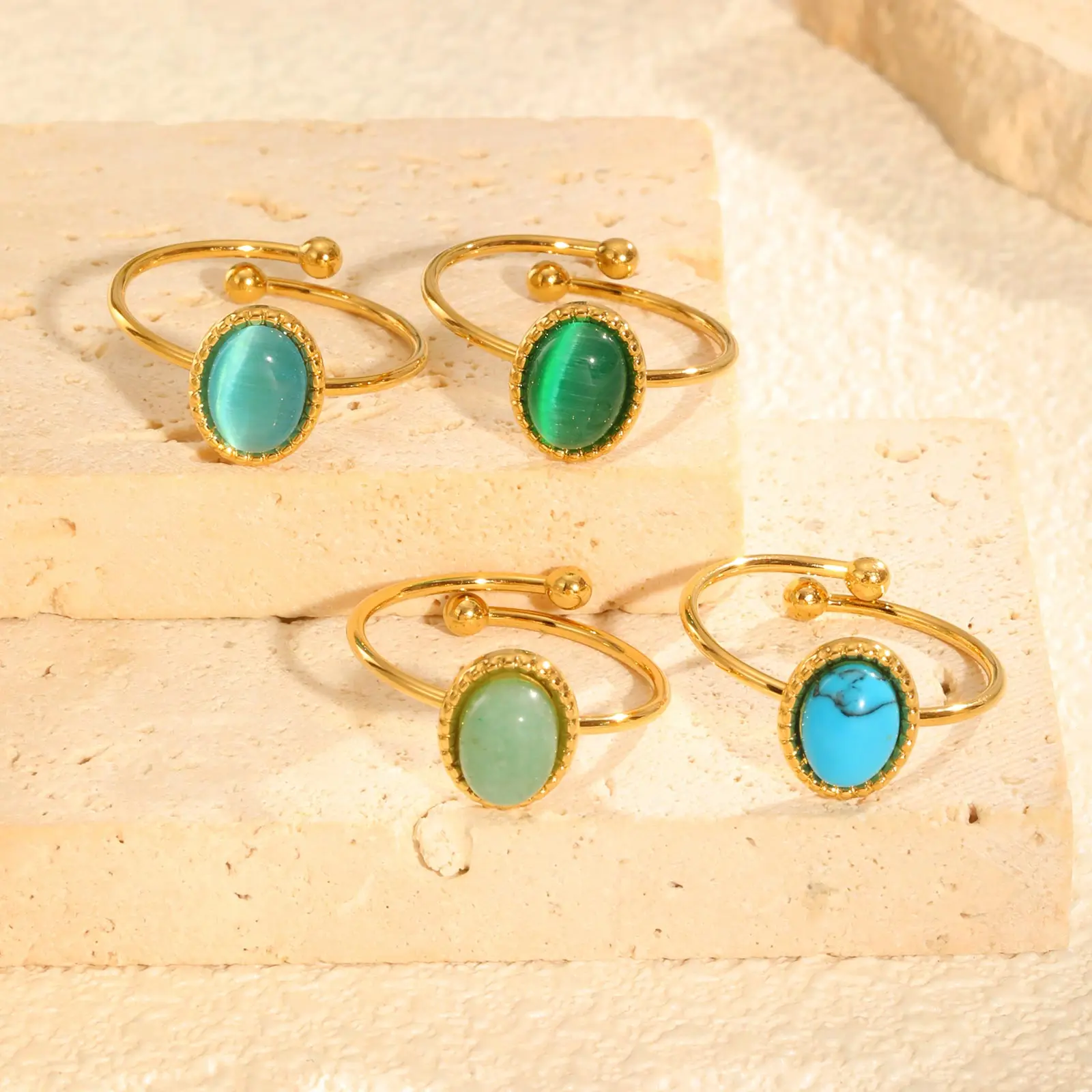 Chic Oval Light Blue Cat Eye Opening Ring,Gold Color Women's Stainless Steel Rings,Trendy Jewelry Mother's Day Gift