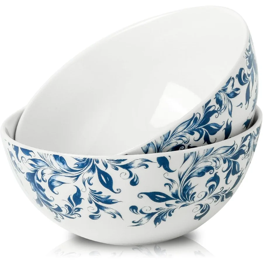 

Large ceramic mixing bowls for ramen salad cereal soup and pho serving with blue and white design microwave and dishwasher safe