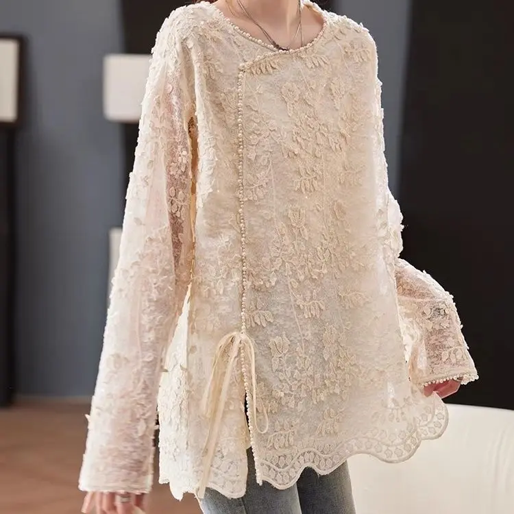 

Lace Fashion Loose Design Long Sleeved Top Lining Women's 2025 Spring And Autumn New Casual Style Top