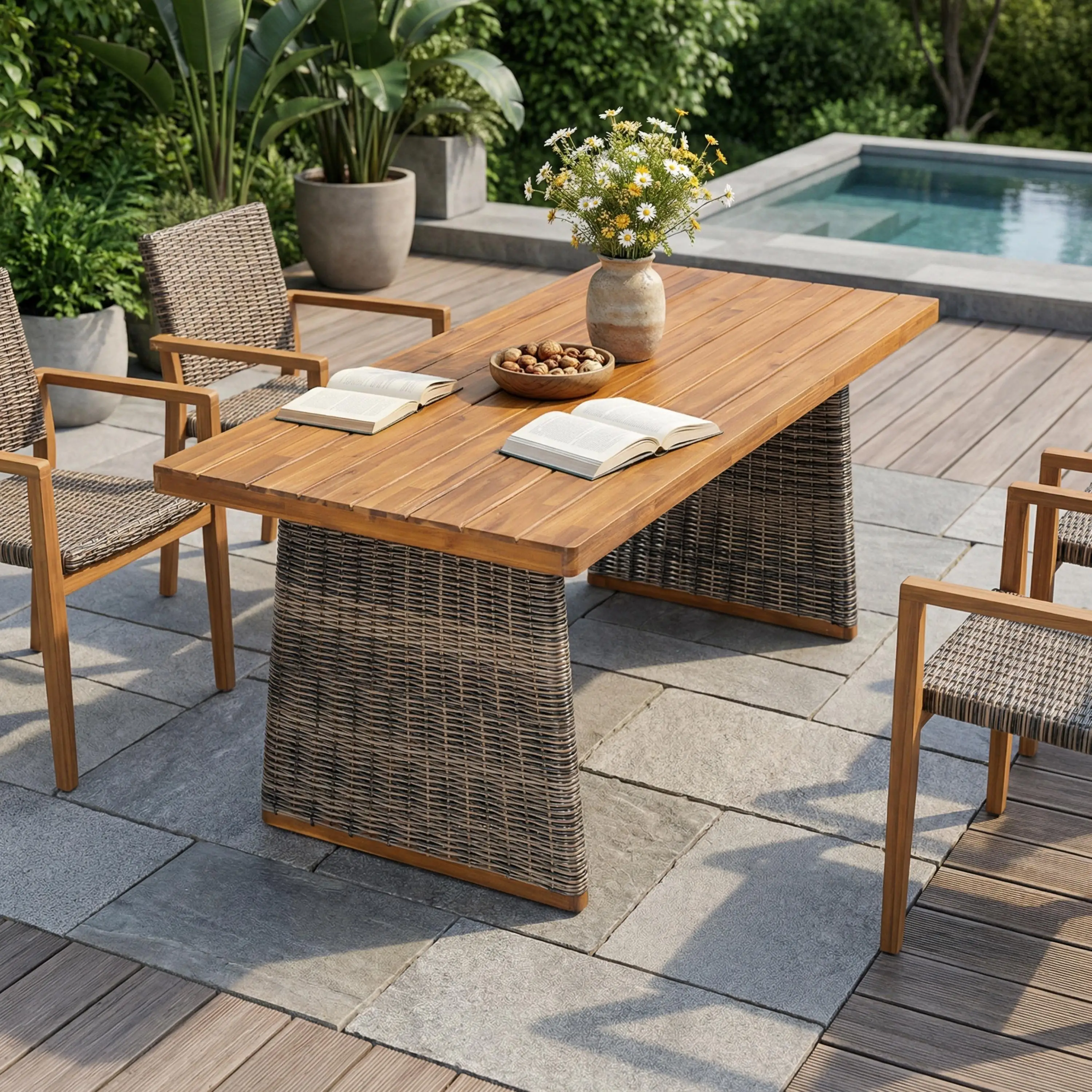 

Outdoor Teak Finish Acacia Slatted Top Dining Table Grey Wicker Legs Weather Resistant