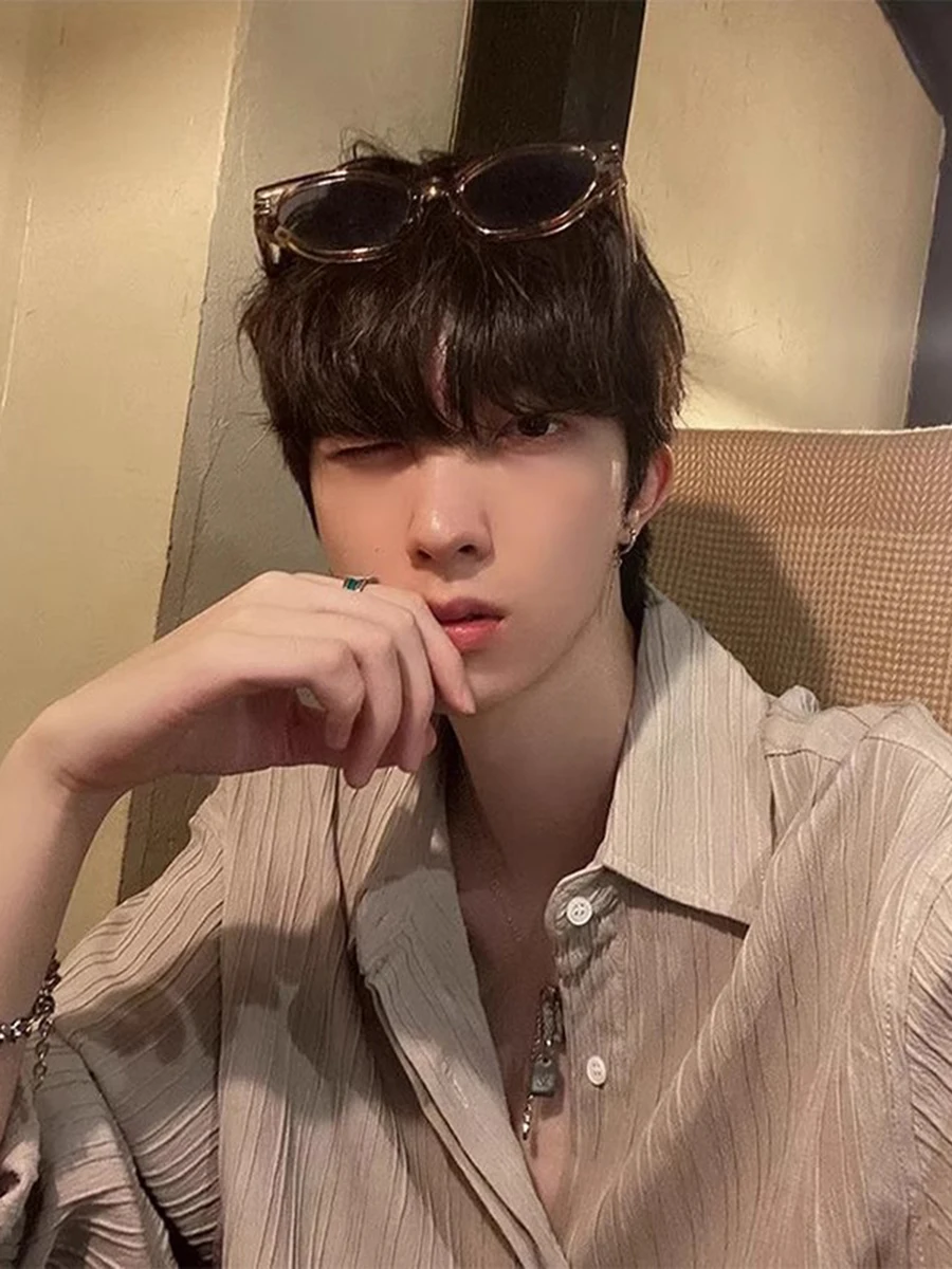 

Khaki Texture Long Sve Casual irt Men's Summer High-End Sle Trendy Brand Lightweight Maturi Casual irt Jaet