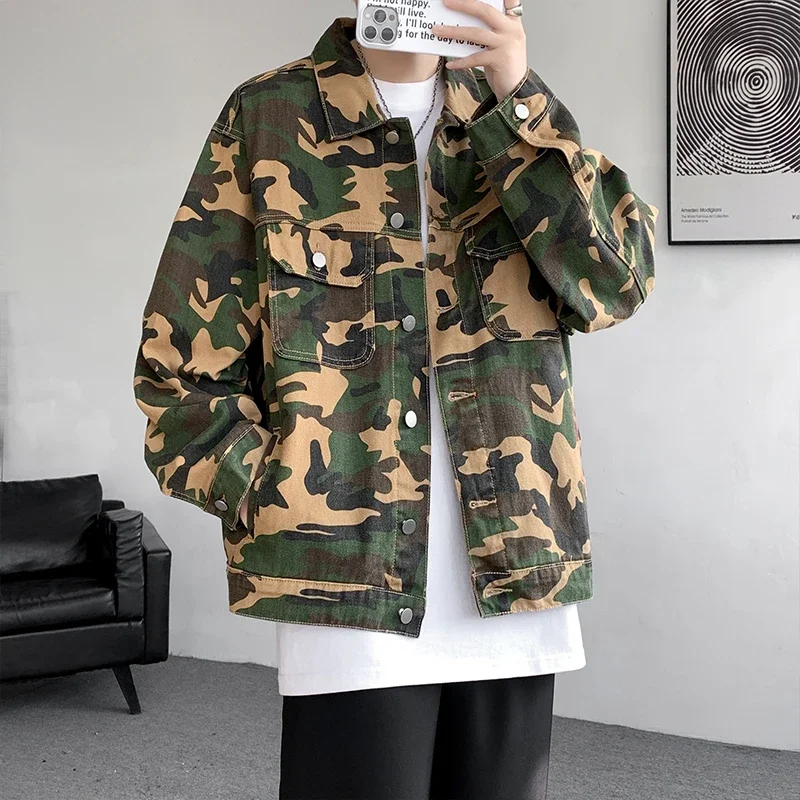 2024 Hong Kong style outdoor workwear denim jacket new versatile camouflage long sleeved men\'s jacket oversized jacket M-8XL