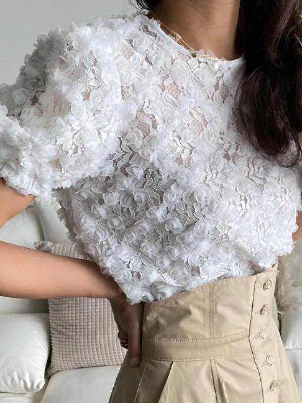 

Chic 3D Lace Rose Embellied Bubble Sve irt Women's Summer New Sweet Temperament ort Sve Top Ele Faionable