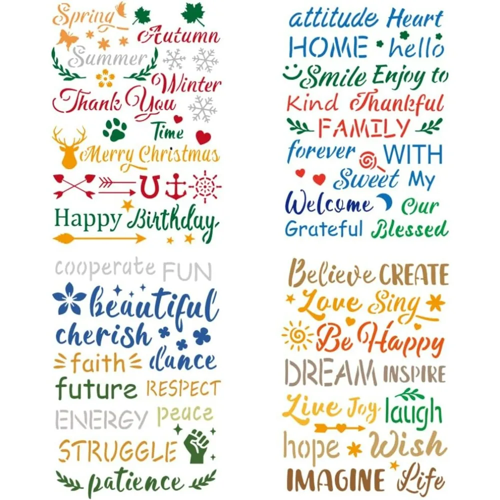 4pcs Word Stencils 11.6x8.3 inch Inspirational Word Stencil for Painting Stencils with Text: Happy Birthay, Love, Imagine Life