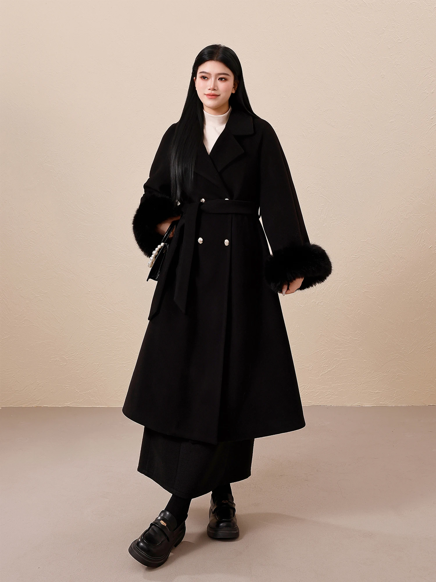 

Slimming down Winter Coat for Women Warm Woolen Material Turn-down Collar Du down Filling High Waist Design Sweet Sle