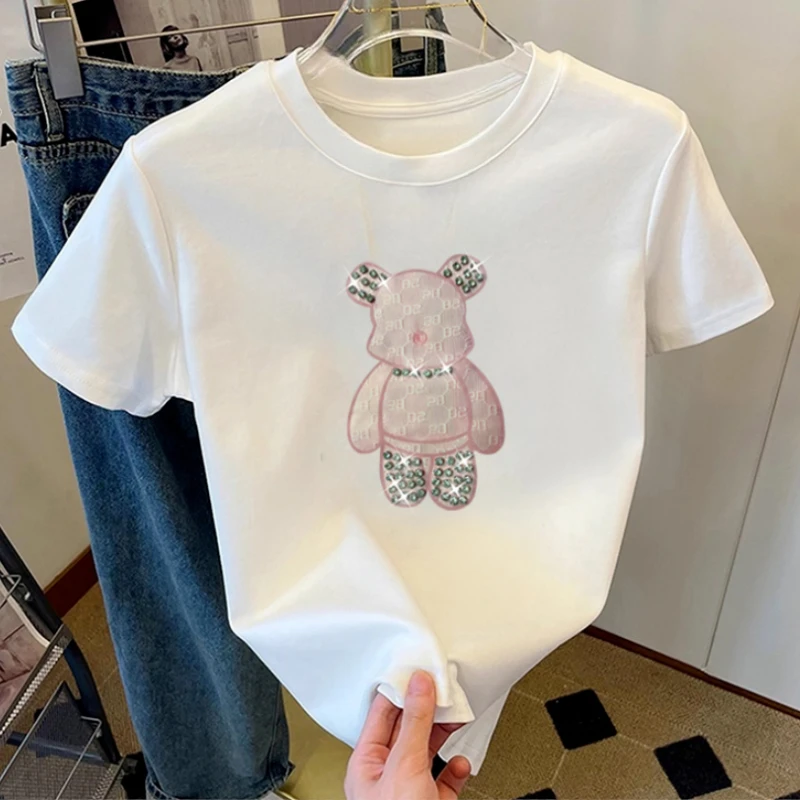 

Cotton Heavy Industry Diamond Little Bear 2025 Summer Short Sleeve T-Shirt Women O Neck Versatile Fashion Top Aesthetic Clothes