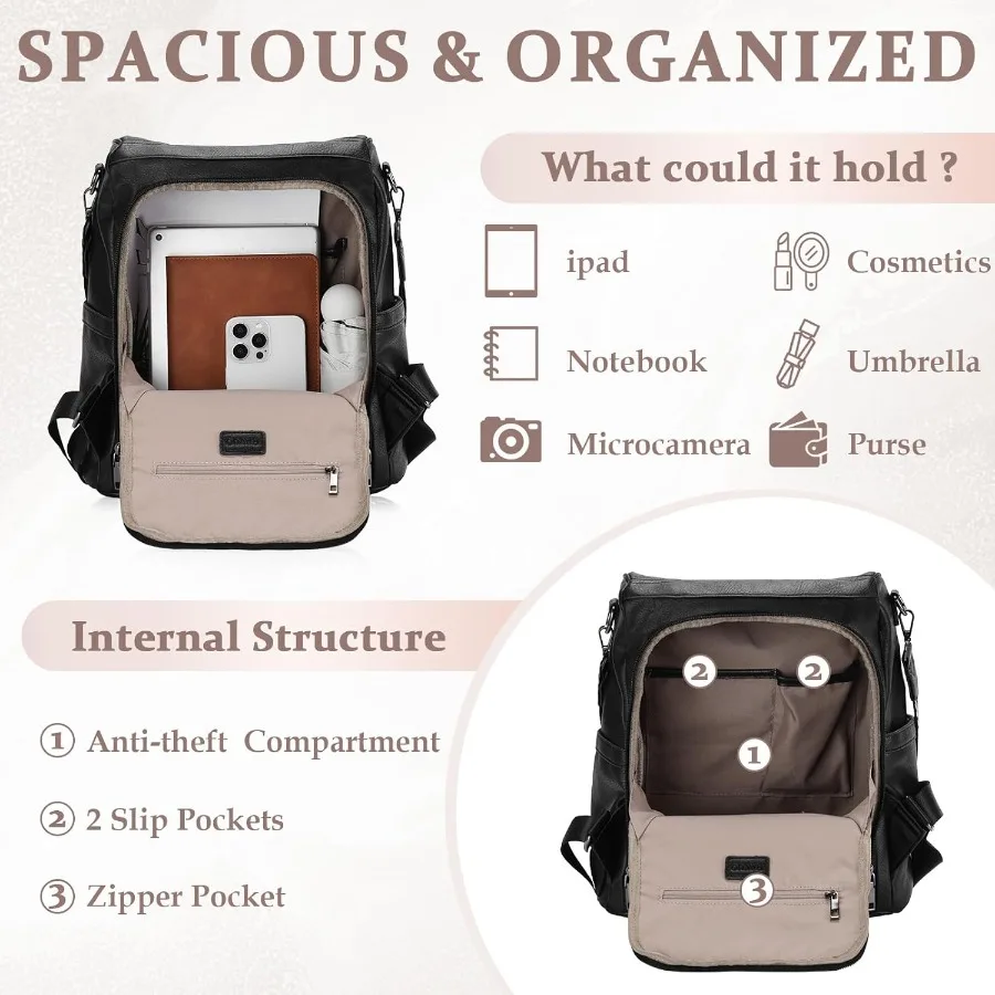 حقيبة ظهر RAVUO مضادة للسرقة للنساء من تصميم Vegen حقيبة كتف للسيدات قابلة للتحويل مع محفظة وجيتار