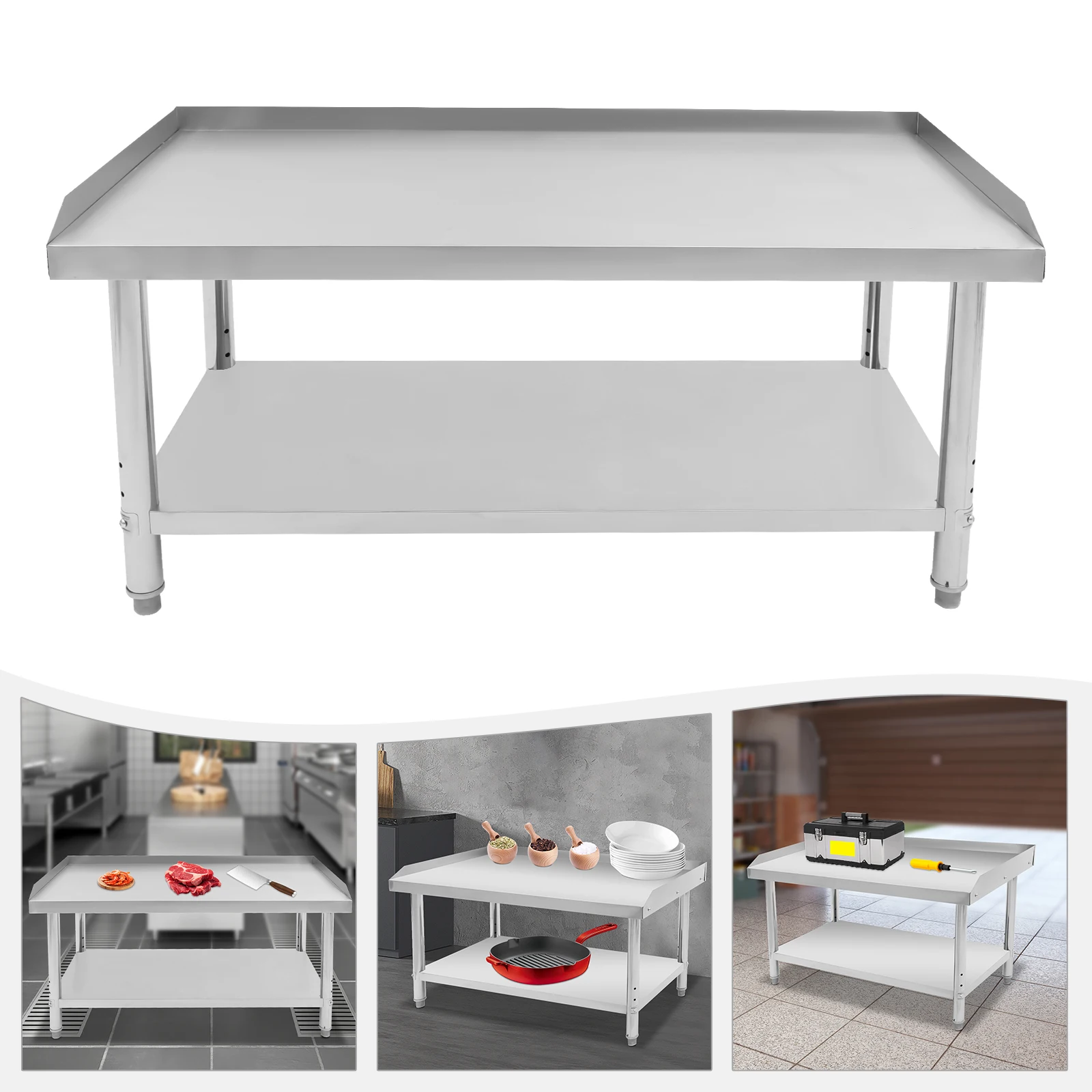 Commercial Work Table 2-TIer Kitchen Work Bench Stainless Steel Work Table with Backsplash Prep Table for Restaurant, Garage