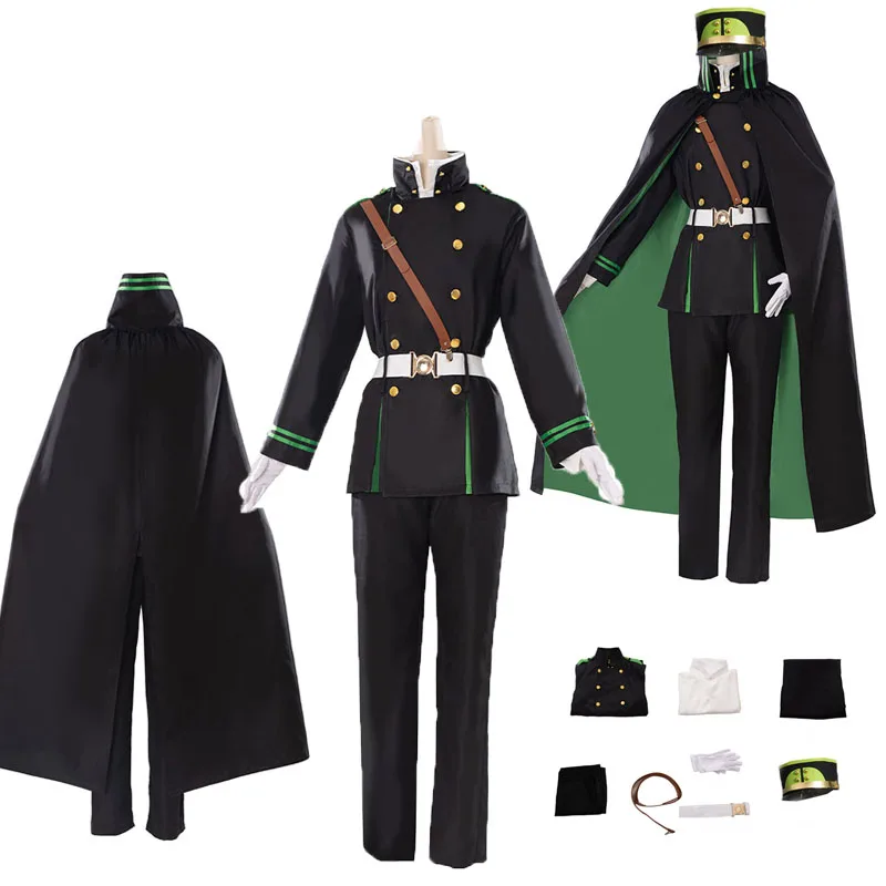 

Yuichiro Hyakuya Cosplay Costume Seraph of Anime Cos the end Outfits Men Green Cloak Male Balck Coat Pants Cap Halloween Suit