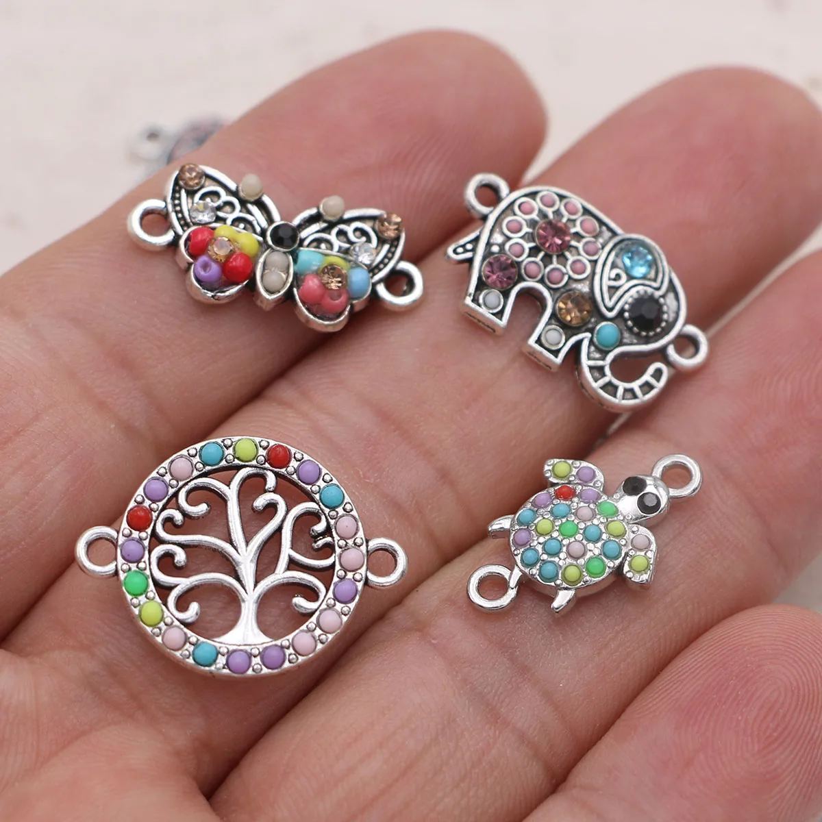 10Pcs Silver Plated Crystal Colorful Tree Butterfly Owl Charm Connectors for Making Bracelet DIY Craft Accessories - Image 5