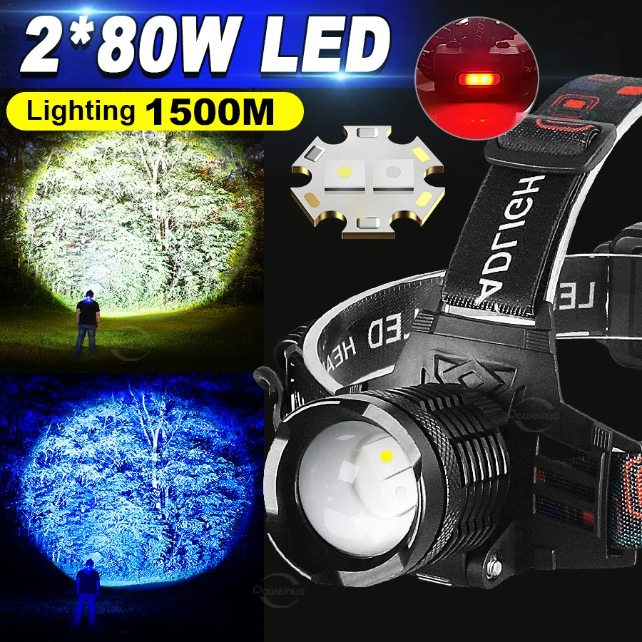 Super Blue and White Light Fishing Headlamp Headlight Zoomable Waterproof Front Head Lamp Light Use 18650 battery