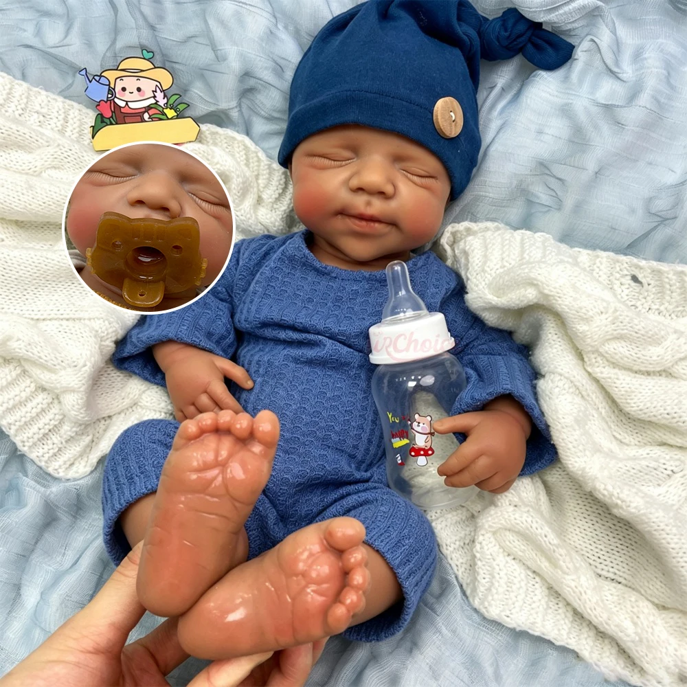 50cm Hand-Painted Silicone Reborn Doll Realistic Dark Skin Texture Can Use Pacifiers Doll for Adult Collectors and Display