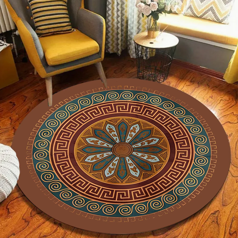 Retro Greek Key Floral Pattern Round Area Rug Ornate Traditional Style Decorative Carpet for Living Room Leisure Space
