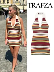 TRAFZA Mini abiti Slim stile spiaggia estiva da donna multicolore con scollo a v senza maniche senza schienale decorare abito lavorato a maglia moda femminile