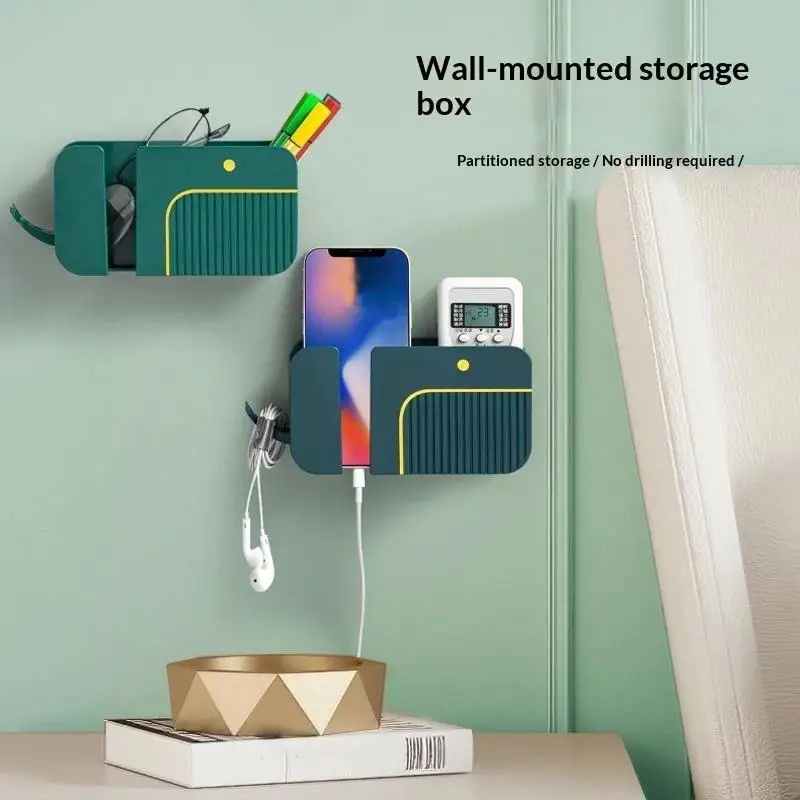 Self Adhesive No Drill Wall Mounted Storage Rack With Cable Organizer For Phone Remote Bedroom Living Room