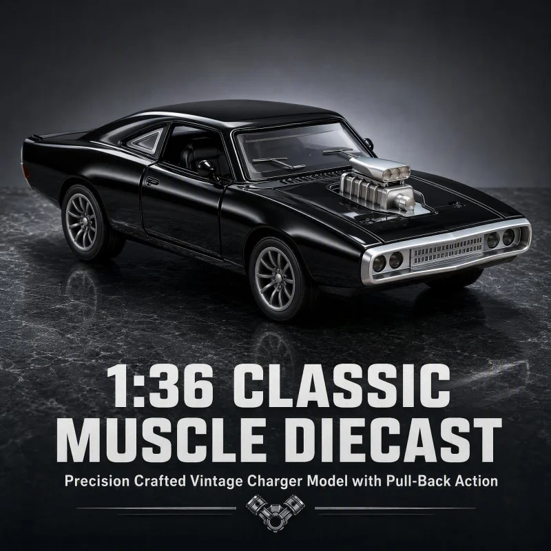 Classic American muscle car model, bright black alloy rally coupe, highlight the engine static car model desktop decoration gift