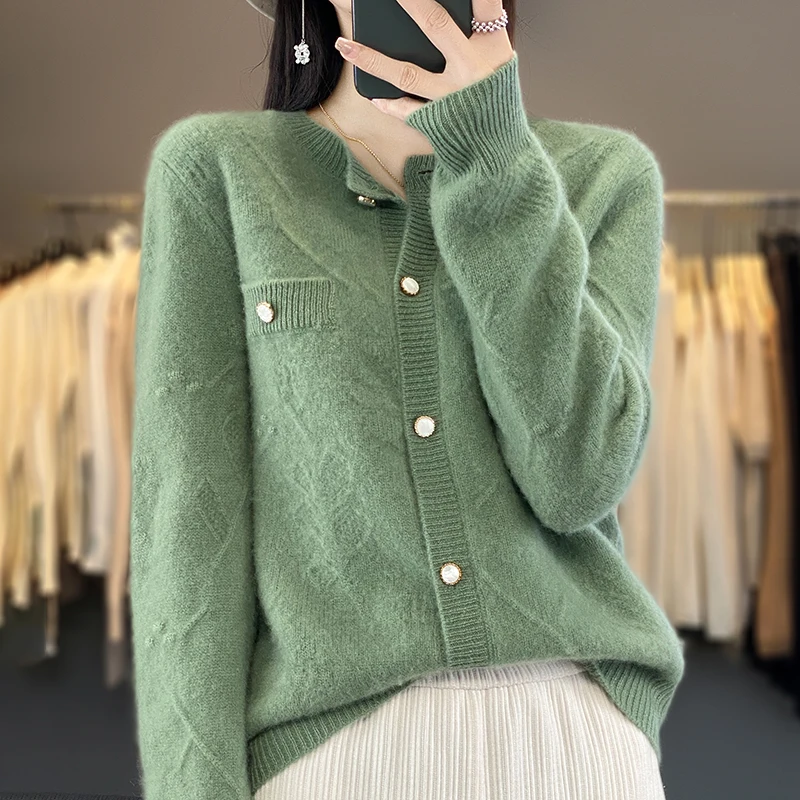 Sweter wol lengan panjang wanita, kardigan saku palsu Jacquard mewah longgar wol murni 100% lengan panjang leher bulat baru musim gugur dan musim dingin 23