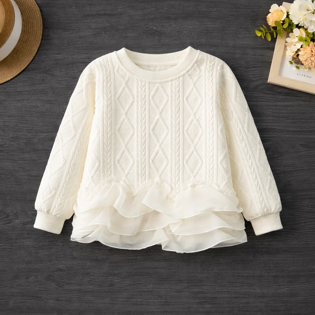 Girls Sweater Tops Preppy Style Cable Knit Layered Chiffon Ruffle Hem Pullover Long Sleeve Clothes For Girls 6 7 8 9 10 11 12