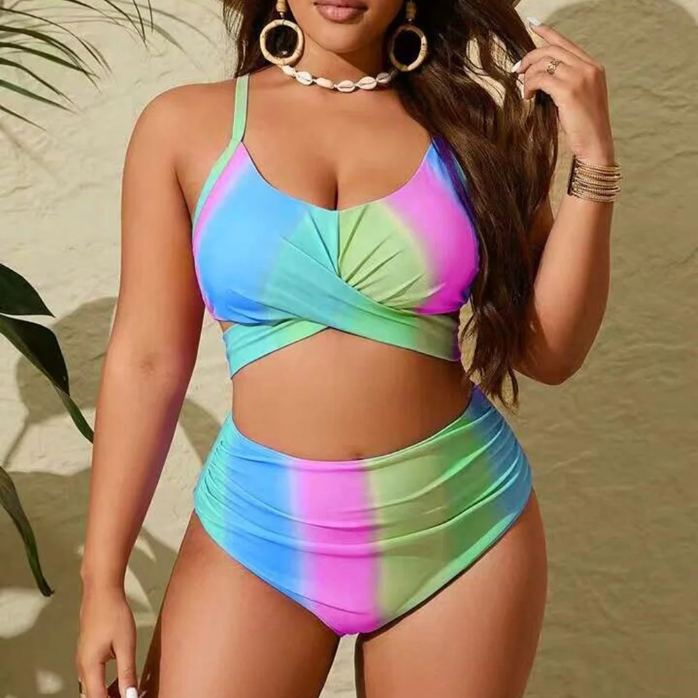 Plus Size Swimwear Rainbow Bikini Set Curvy Women High Waist Tummy Control Two-Piece Swimsuit Retro Vintage Style Bathing Suits