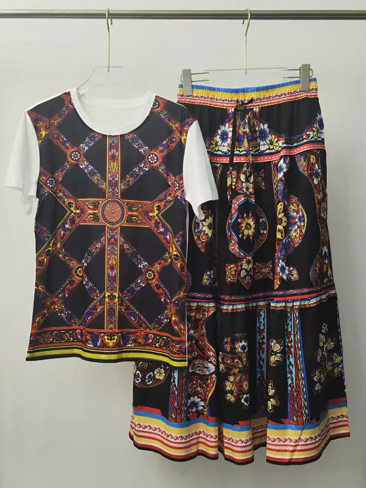 2026 Summer Women's Clothing Retro Geometric Print Knitted T-shirt Two-piece Set + Drawstring Elastic Waist Loose Skirt Suit
