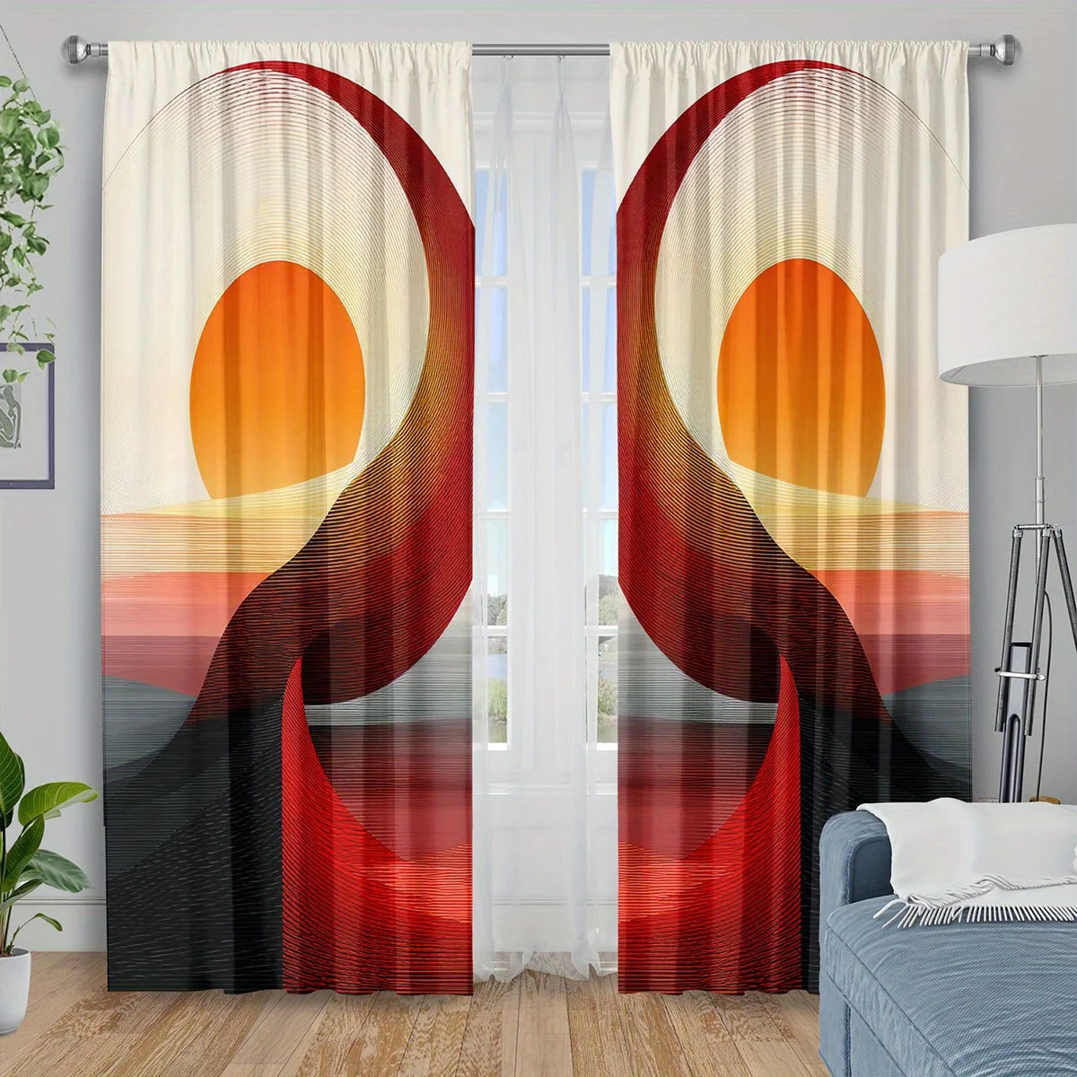 Retro Abstract Sunset Curtains, Geometric Landscape Print Blackout Drapes, Mid Century Modern Decor for Living Room Window
