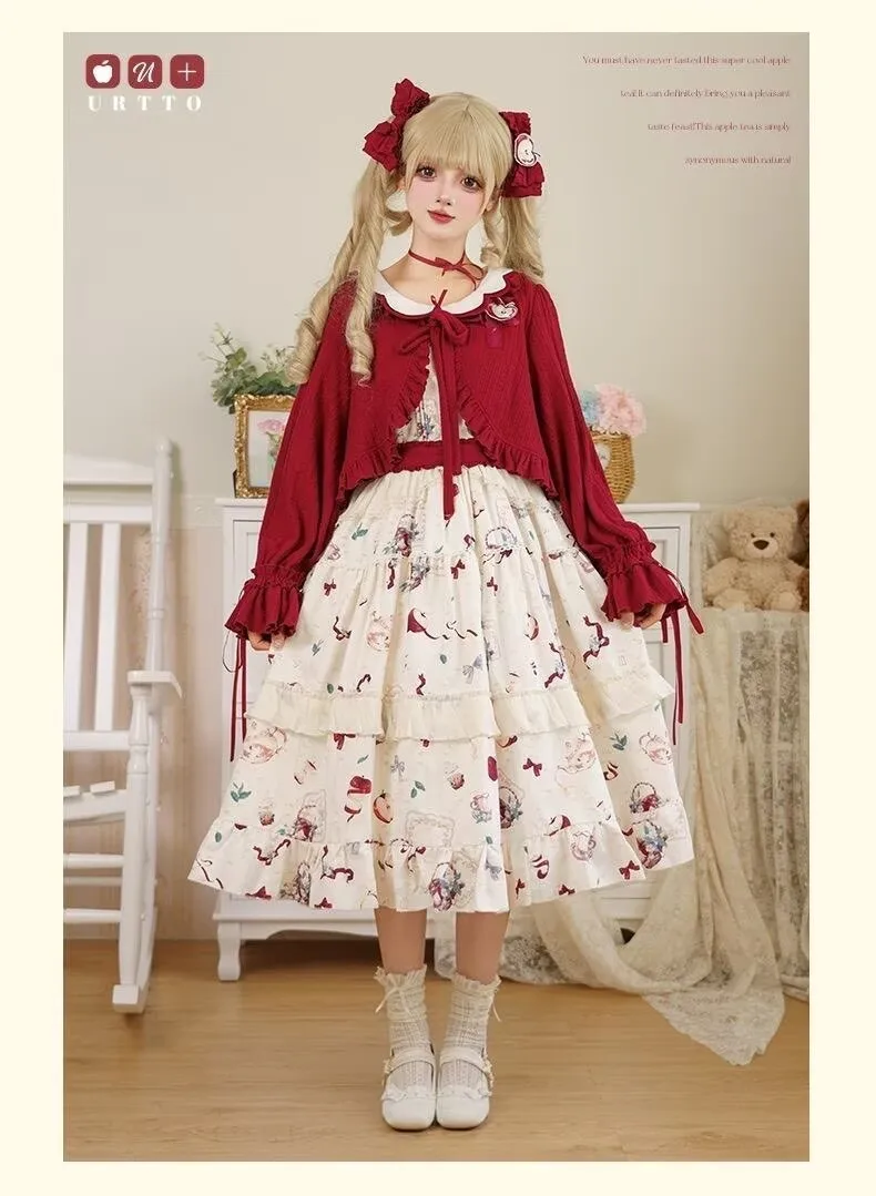Japanese Lolita Knit Cardigan Women Kawaii Ruffles V Neck Crop Y2k Top Cute Bow Long Sleeve Knitted Coat Spring Casual Outerwear - view 4