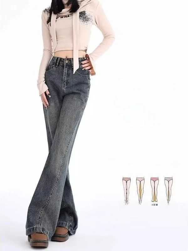 American Retro High Waist Bell Bottom Jeans Women's Spring Autumn Large Size Design Slimming Non-Matching Leg Jeans