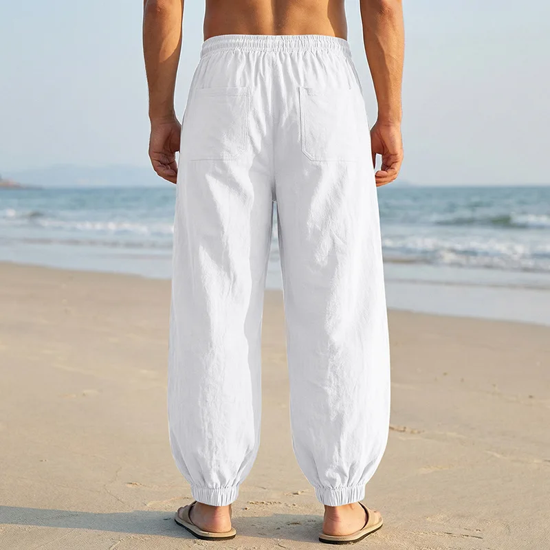 Europäische und amerikanische Freizeithose für Herren: Sommerliche Strand-Leinenhose in Übergröße mit Bündchen am Knöchel – Detail 9