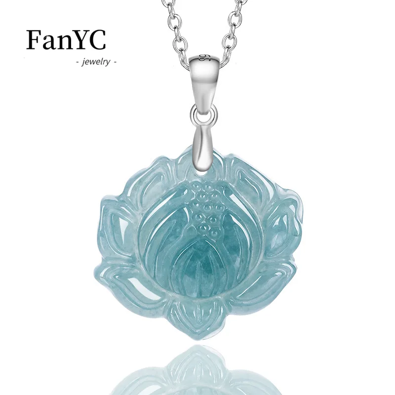 

Myanmar A Goods Jadeite Blue Water Lotus Pendant S925 Silver Inlaid with Ice Jade Flower for Women's Necklace Holiday Gift