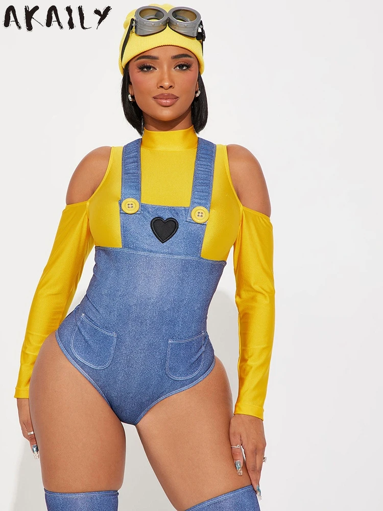 Akaily Winter Minions 2 Piece Costume Set Halloween Party Outfits Women 2024 Off Shoulder Long Sleeve Bodysuit With Leg Warmer