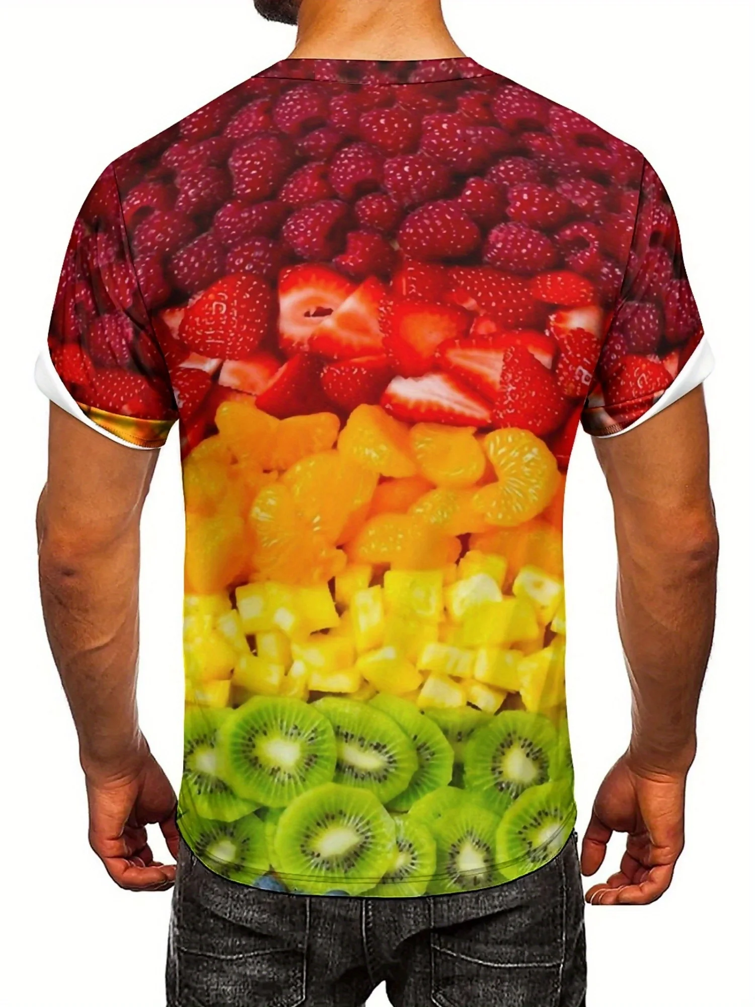 تي شيرت رجالي بأكمام قصيرة وطبعة فواكه ثلاثية الأبعاد بتصميم هندسي لكامل الجسم، قماش مسامي، ملابس في اتجاهين للحفلات