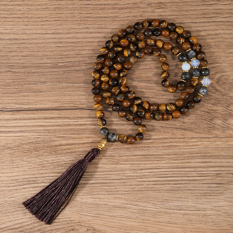 

OAIITE 108 Japamala Beads Necklaces Men 6mm Tiger Eye Stone Tassel Pendant Women Necklace Charm Health Protection Yoga Jewelry