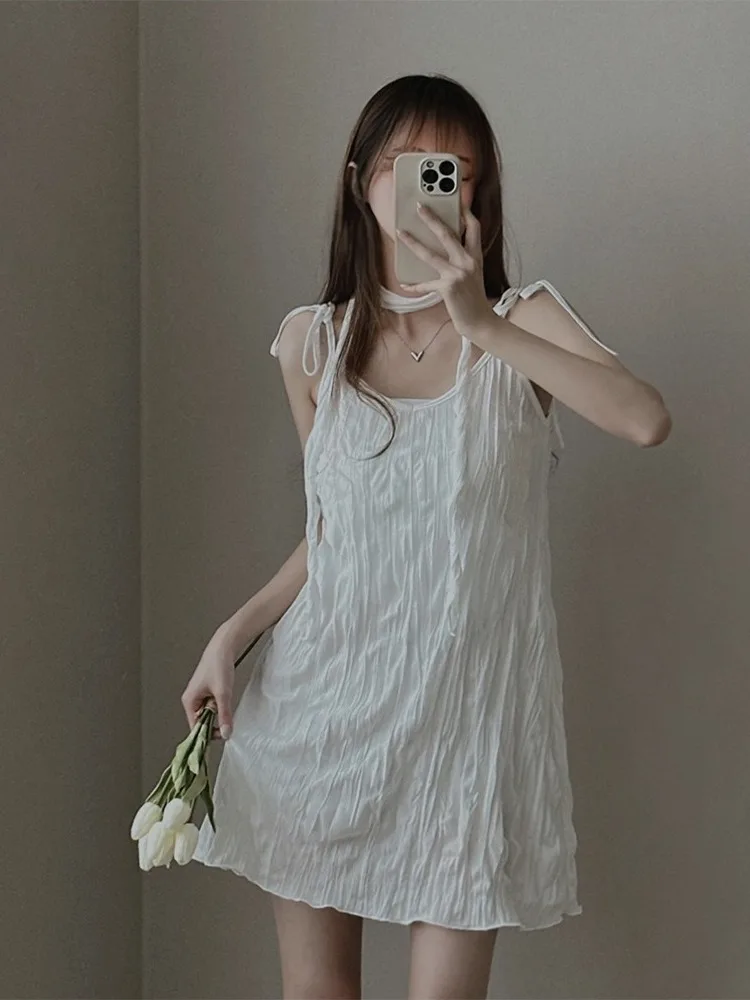 

Summer White Fringed Dr Women's Bow-Tied Waist Vest Gentle Svel Skirt Commute Sle Pure Color Chinese Manufacturer