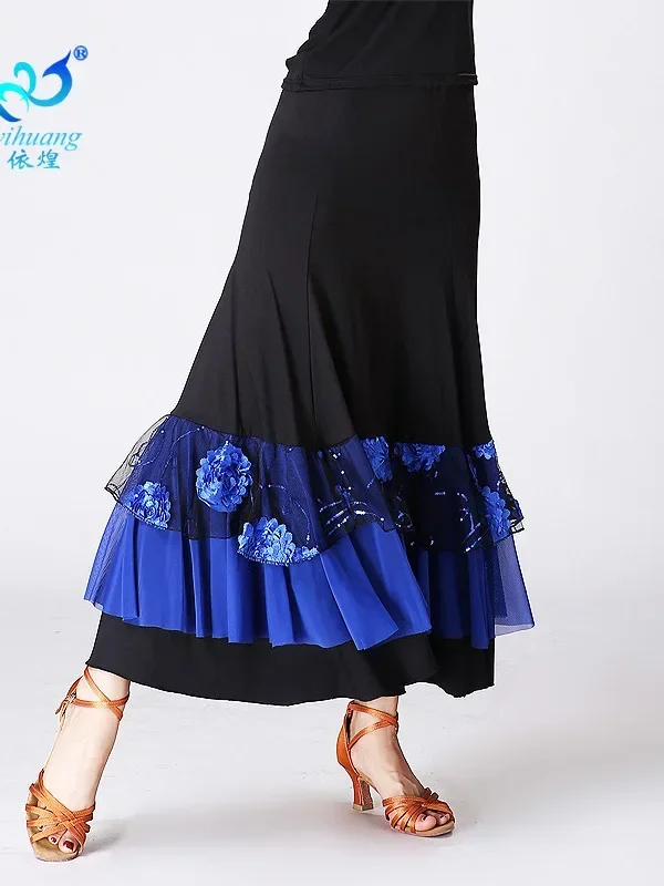 Women Flamenco Ballroom Practice Dress Spanish Fancy Belly Dance Wear Sequin Flower Embroidery Ruffle Big Wing Gypsy Stage Skirt