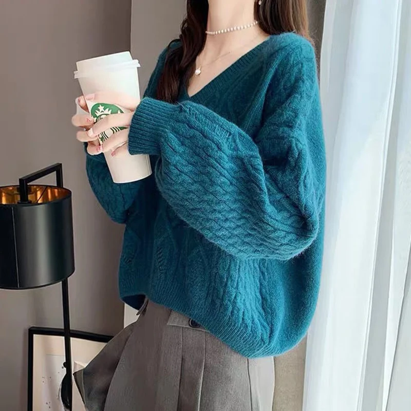 Szykowny sweter z dekoltem w szpic Kobiety Jesień Zima Luźne swetry z długim rękawem Koreańska moda Krótkie swetry damskie w jednolitym kolorze