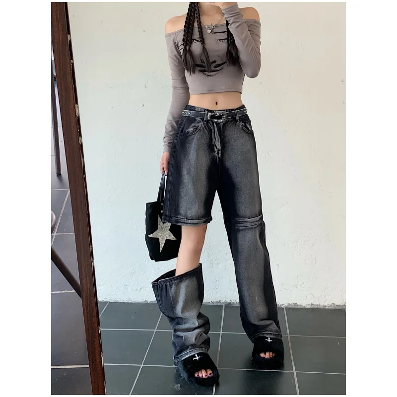 

Women Black Jeans Zipper High Waist American Wide Leg Pants Fashion Y2K Baggy Vintage Female 2023 Autumn NEW Straight Trousers