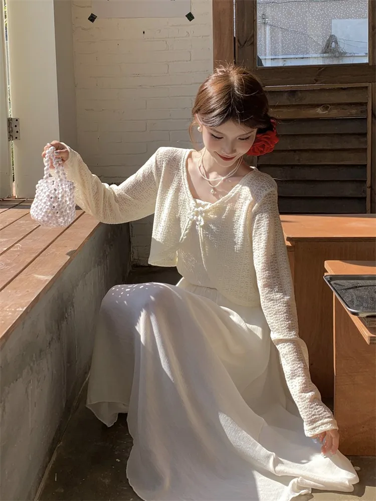 

Новый модный женский комплект в китайском стиле: нежная кружевная рубашка с длинным рукавом для защиты от солнца, идеально подходит для кондиционированных помещений, для создания образа Pure Desire.