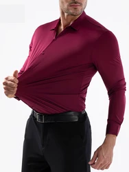 Camisa de manga corta para hombre, camisa de seda de hielo sin costuras, alta elasticidad, sin planchado, antiarrugas, informal de negocios, color sólido, primavera y verano