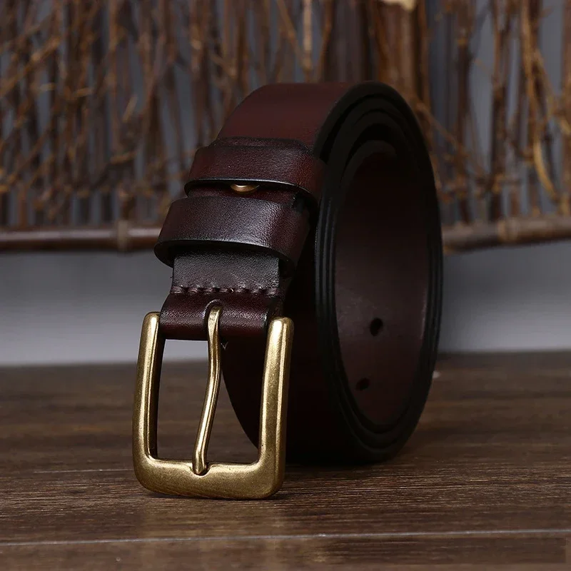 3.3CM 2023 Men's Genuine Leather Belt Luxury Designer Brass Pin Buckle Belts Pure Cowskin Vintage Strap Male Jeans for Man Women