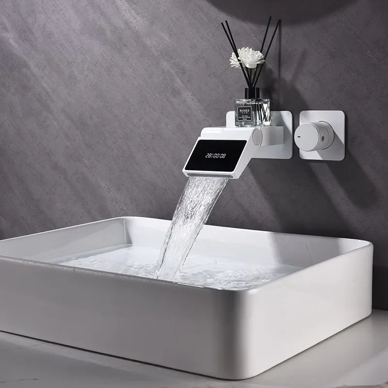 Bathroom Sink Mixer Gray Cold And Hot Waterfall  Digital Display Wall Mounted Foldable Square Basin Faucet New