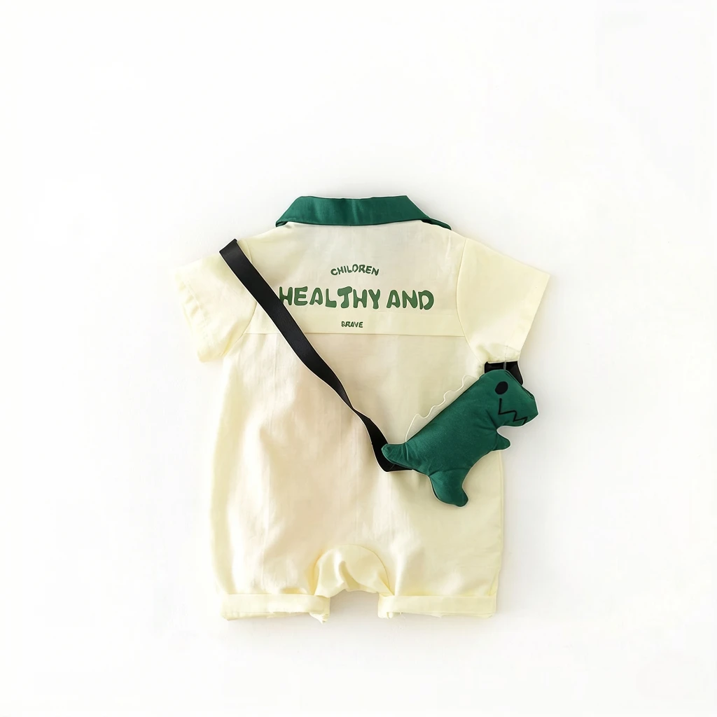 2Pcs Cute Dinosaur Baby Rompers, thin breathable short sleeve onesies, casual outdoor outfit with accessories, nice gift