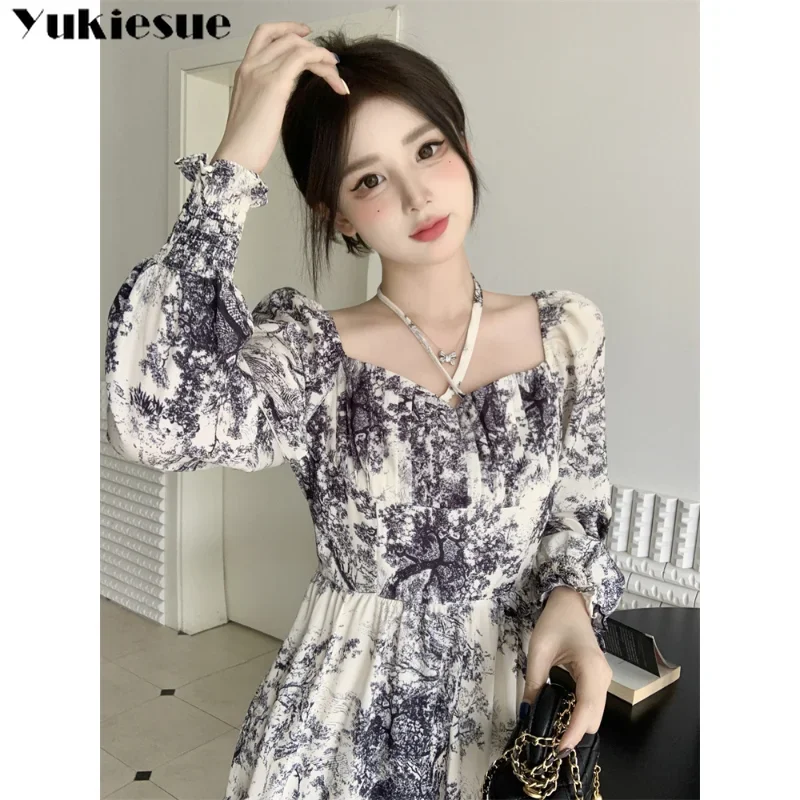 Elegant Square Collar Slim Waist Female A-line Dress Spring Korean Print Dress Vintage Floral Printed Mid-Length Dress Women